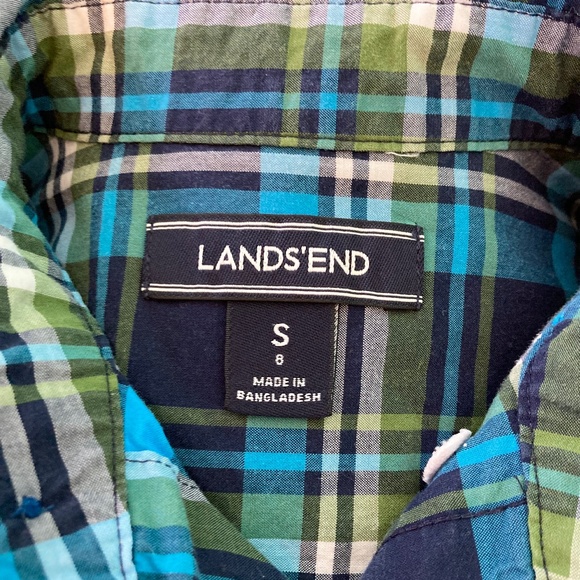 Boy’s size 8 Lands’ End blue and green plaid long sleeved button up dress shirt - Picture 3 of 5
